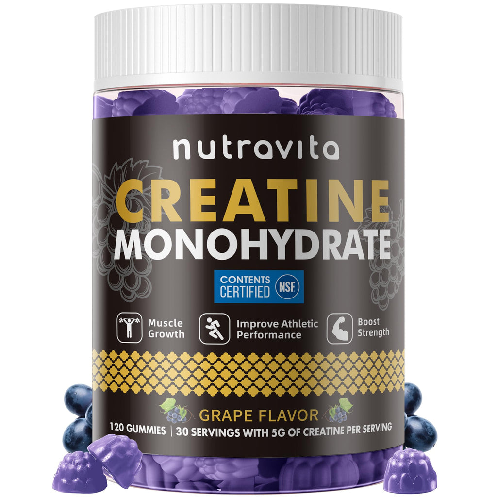 Nutravita Creatine Monohydrate Gummies for Men & Women-5g of Creatine Monohydrate per Serving - Sugar Free,Vegan, Grapes Flavor, 120 Count
