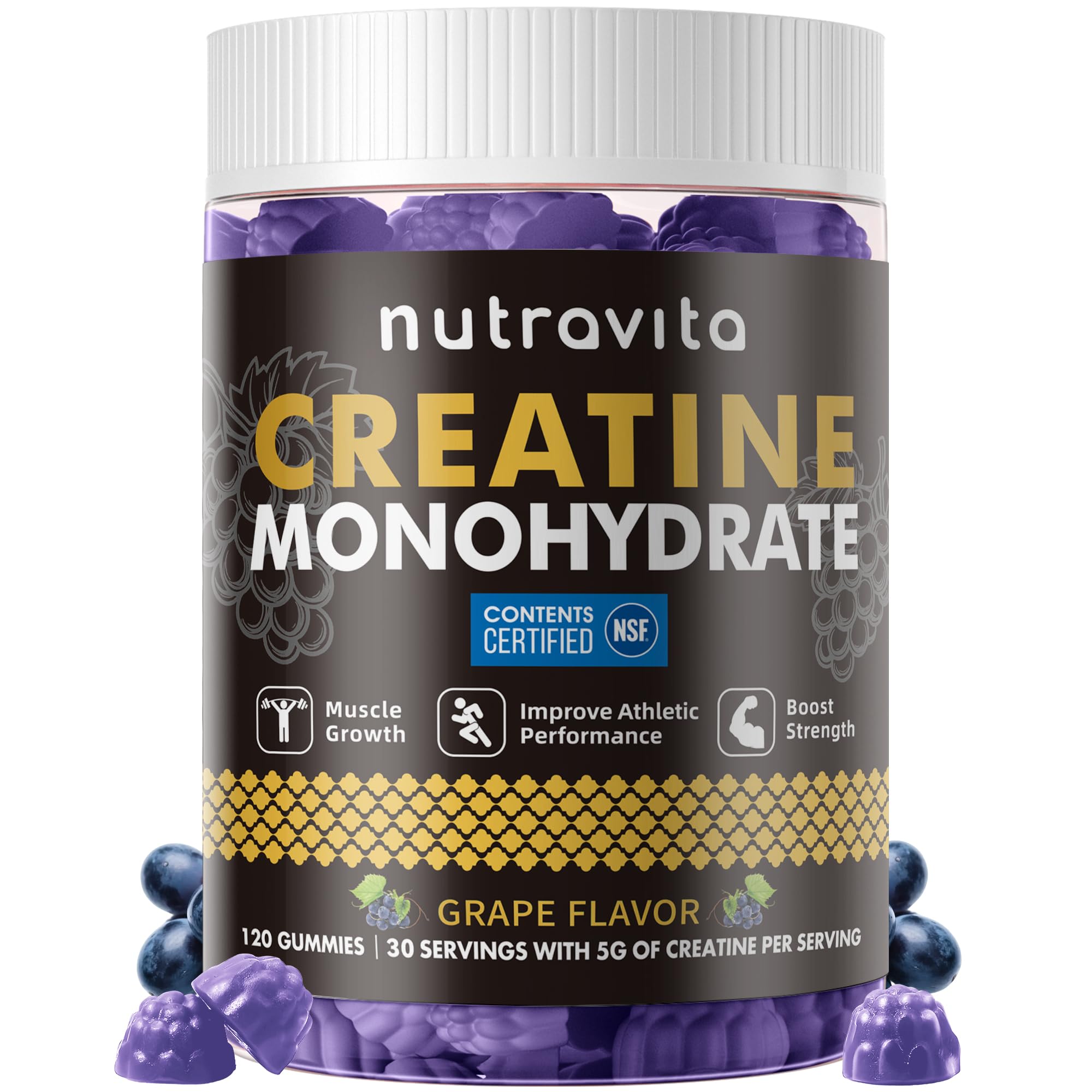 Nutravita Creatine Monohydrate Gummies for Men & Women-5g of Creatine Monohydrate per Serving - Sugar Free,Vegan, Grapes Flavor, 120 Count
