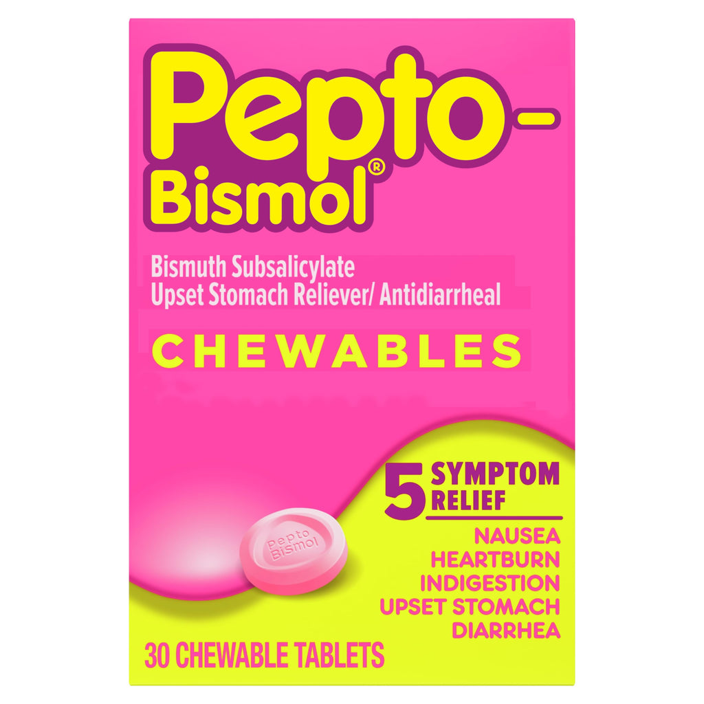 Pepto Bismol Chewable Tablets, Upset Stomach Relief, Nausea Relief, Heartburn Relief, Indigestion Relief, Anti Diarrhea Medication for Adults - 5 Symptom Relief, 30 ct