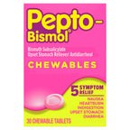 Pepto Bismol Chewable Tablets, Upset Stomach Relief, Nausea Relief, Heartburn Relief, Indigestion Relief, Anti Diarrhea Medication for Adults - 5 Symptom Relief, 30 ct