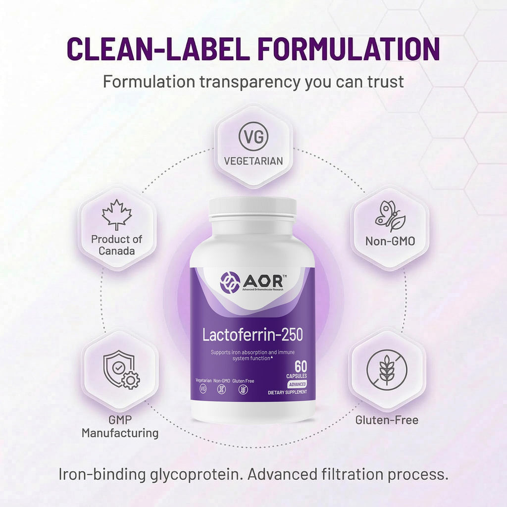 AOR Lactoferrin 250mg, 60 Vegetarian Capsules, 30-60 Day Supply – Supports Healthy Iron Balance & Enhanced Daily Vitality for Overall Well-Being – Non-GMO, Gluten-Free.