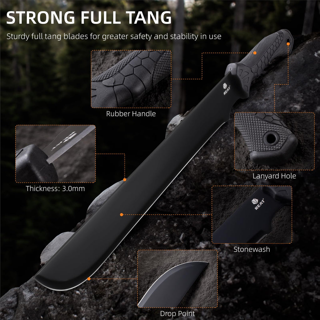 REAT Machete Heavy Duty with Sheath,24-inch Full Tang 420 Stainless Steel Blade,Non-silp Rubber Handle for Yard Work, Cutting Trees,Camping,Outdoor (Black)