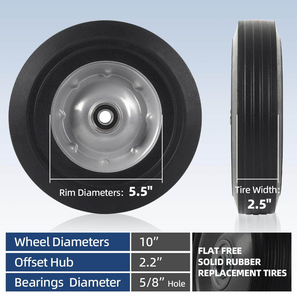 AR-PRO (2-Pack) 10" x 2.5" Flat Free Solid Rubber Replacement Tires - Flat-Free Tire and Wheel for Hand Trucks and Wheelbarrows with 5/8" Axles