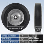 AR-PRO (2-Pack) 10" x 2.5" Flat Free Solid Rubber Replacement Tires - Flat-Free Tire and Wheel for Hand Trucks and Wheelbarrows with 5/8" Axles
