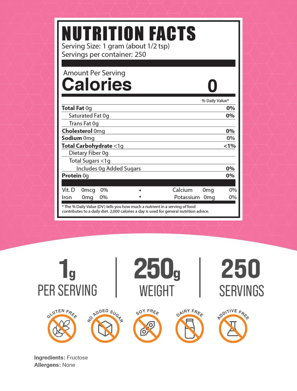 BulkSupplements.com Fructose Powder - Fructose Sugar, Zero Calorie Sweetener - Food Grade & Gluten Free, 1g per Serving, 250g (8.8 oz) (Pack of 1)