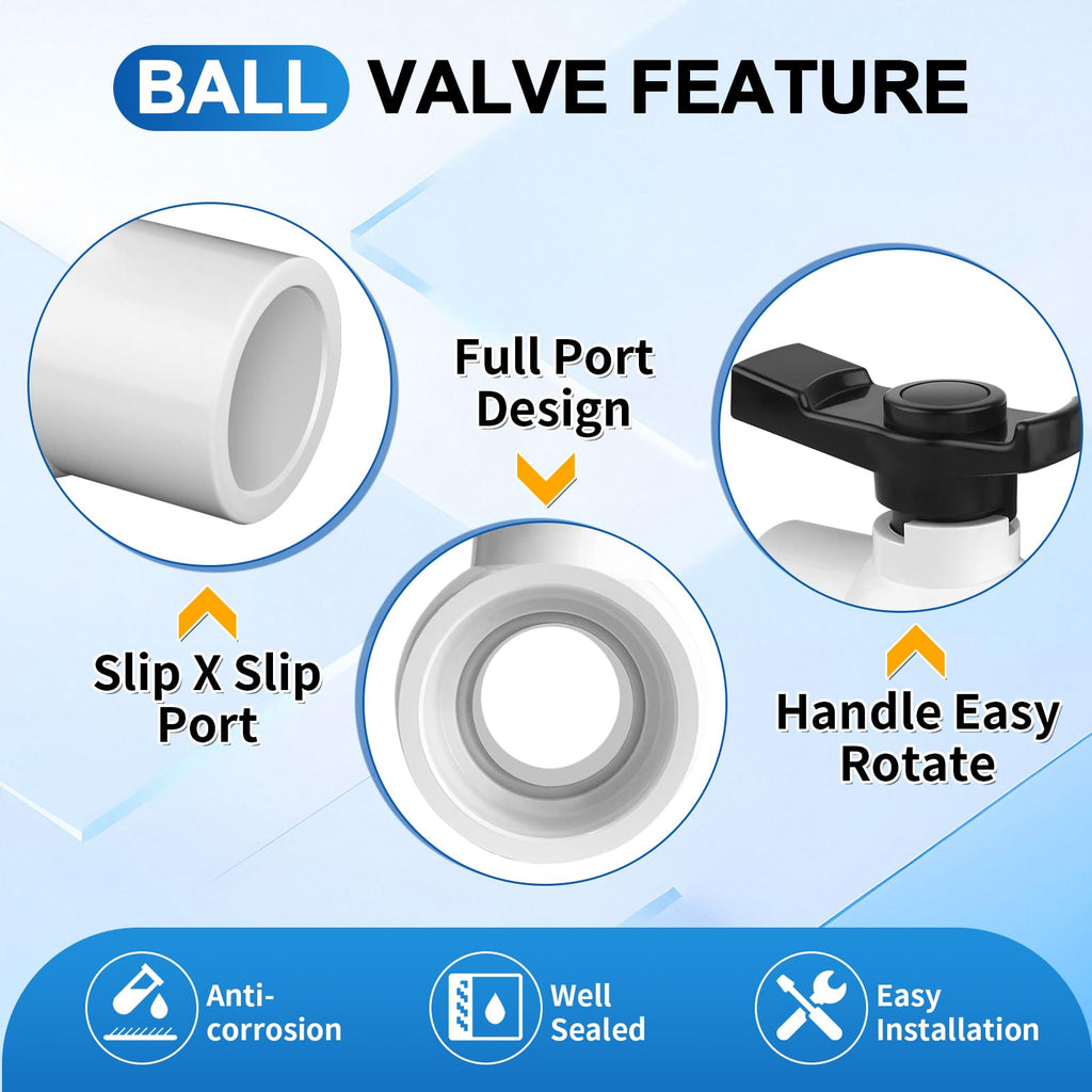 Boltigen 2Pack 1-1/2 inch Slip PVC Ball Valves, 1.5'' SCH40 PVC Water Shut Off Valve with Double Socket Full Flow Port, ''T'' Handle Plastic Control Valve, for Pool, Irrigation, Sewage Water Pipe