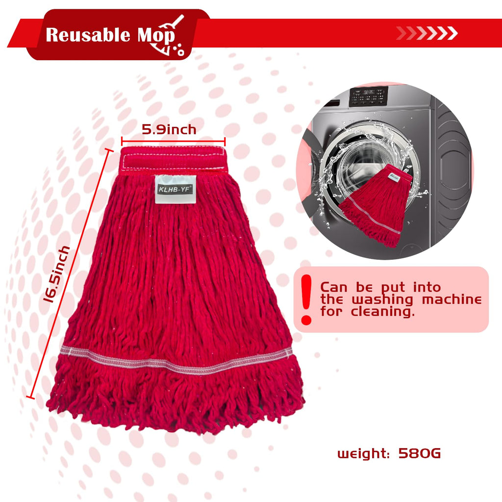 KLHB-YF Heavy Duty Commercial String Mop Heads, 3 Pack Cotton Red Mop Head Replacement, Machine Washable Industrial Mop Head Refills for Janitorial, Restaurant, Warehouse & Office Floor Cleaning