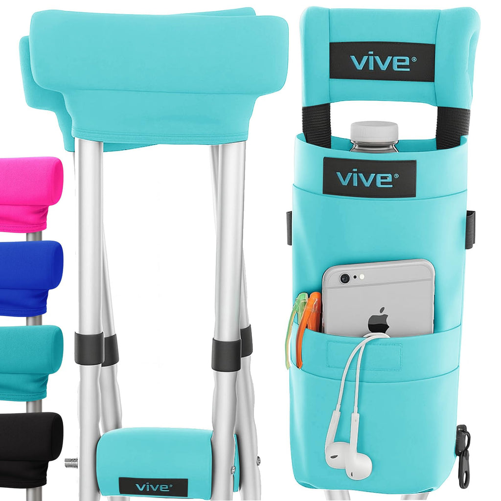 Vive Premium Crutch Pads, Bag, & Hand Grips (5 PCS) - Crutches for Adults Armpit Padding, Hand Grips, Accessories Pouch - Soft Tips Medical Padded Handles for Kids, Men, Women - Lightweight (Teal)