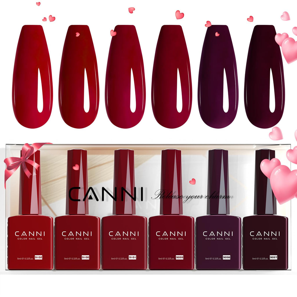 CANNI Dark Red Gel Nail Polish Set, 6Pcs 9ml Burgundy Gel Polish Kit