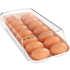 theaoo Egg Holder for Fridge, Automatic Rolling Egg Container for Refrigerator, Clear Plastic Egg Dispenser, Stackable Eggs Organizer with Quick Removable inner Tray For Organizers and Storage, 1 Pack