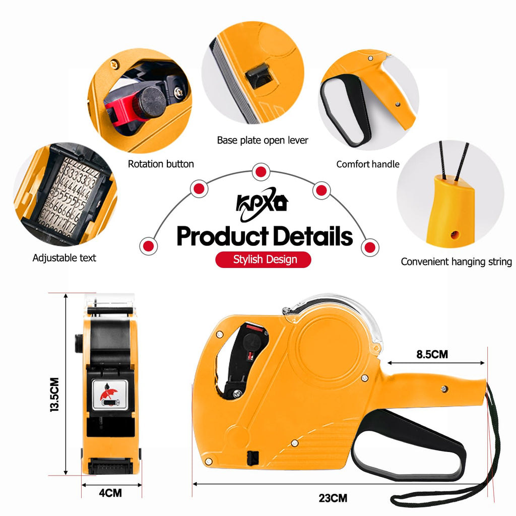 KPX Pricing Tag Gun, 8 Digits, 5150 White Labels, Yellow (Rectangular, Paper, 21*12 mm), One Touch Open System, Incl 3 Inker Rollers