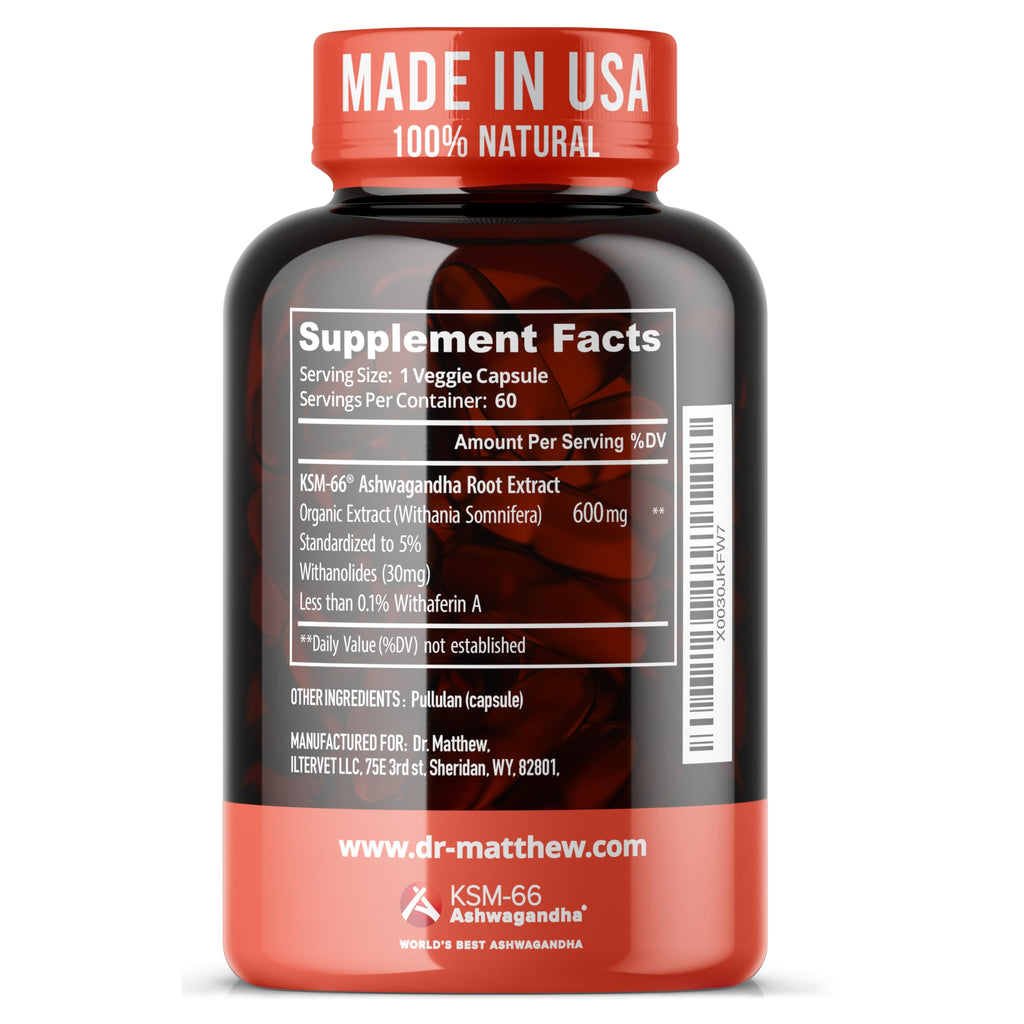 Ashwagandha KSM 66 Organic – KSM-66 ashwagandha 600mg Root Extract Full Spectrum Capsules | Standardized 5% Withanolides | Natural Stress Relief, Cortisol & Sleep Aid Supplement | Muscle Growth & Mood