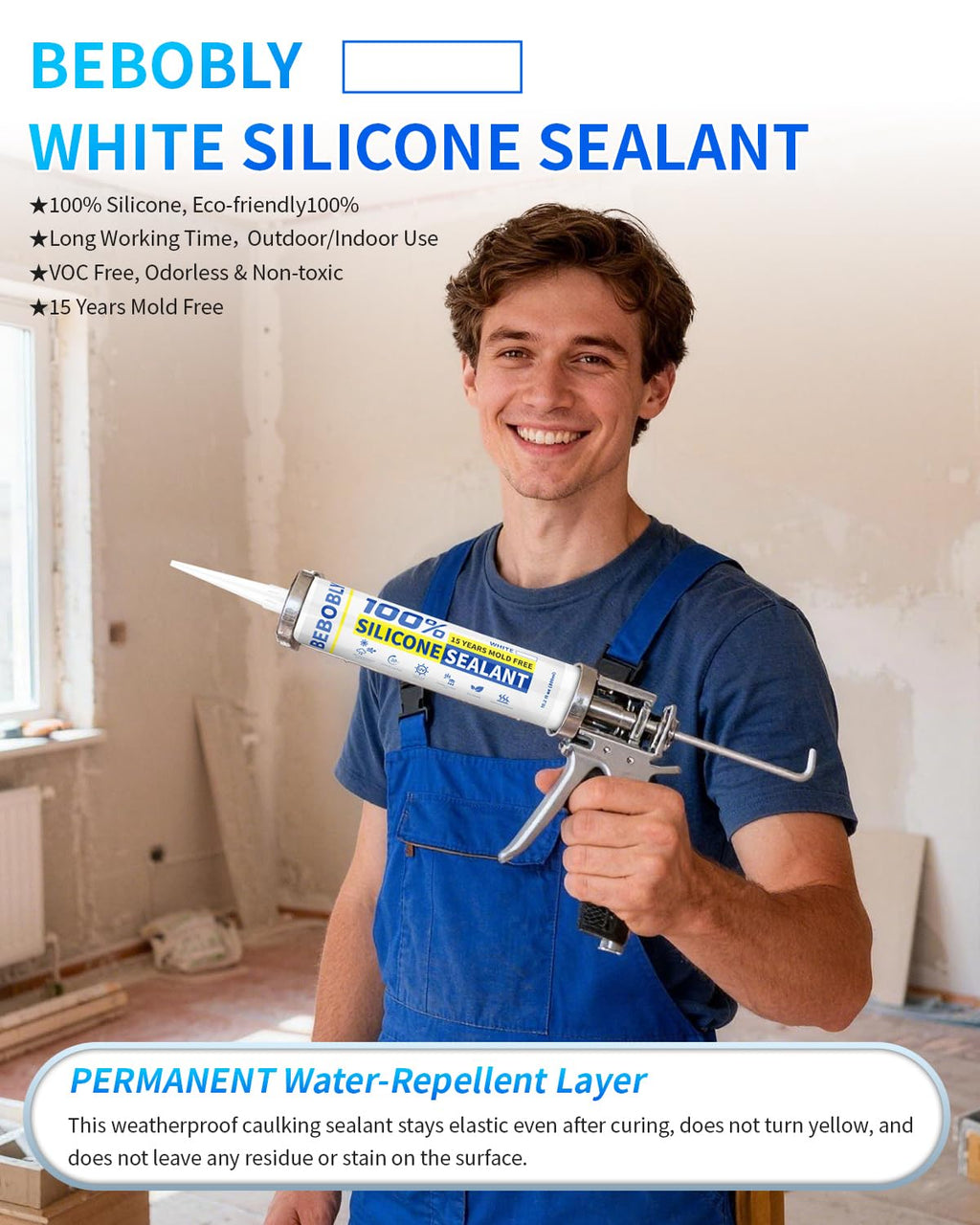 White Silicone Caulk & Sealant, 100% Waterproof Silicone Sealant Caulking, Shrink & Crack Proof, Silicone Caulking for Kitchen, Bathroom, RV, Interior & Exterior Use, 10.2 FL. OZ/300ML, 4 Pack