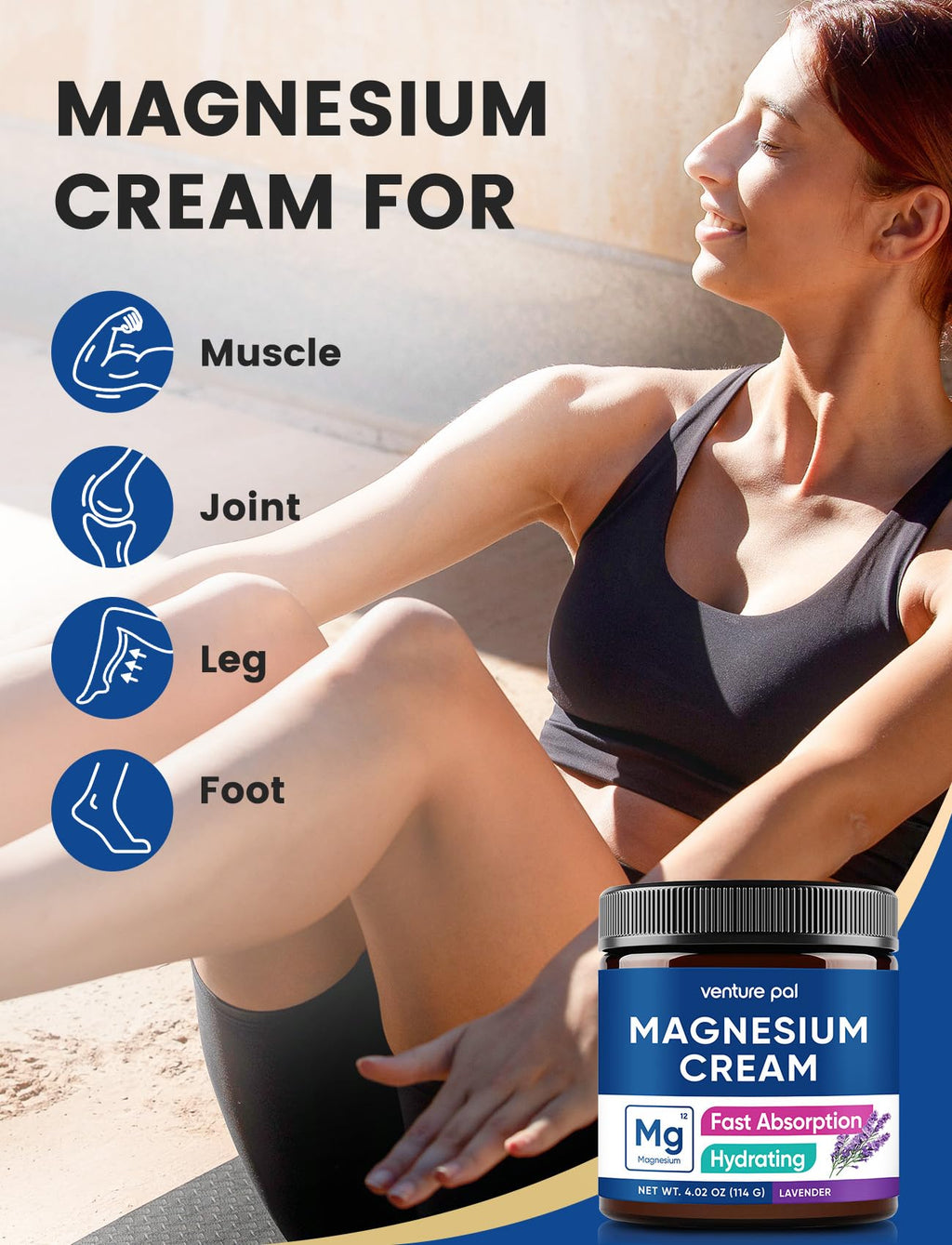 Venture Pal Topical Magnesium Cream, Fast-Absorbing Magnesium Moisturizing Lotion with Coconut Oil, Shea Butter & Hyaluronic Acid, Suitable for Kids