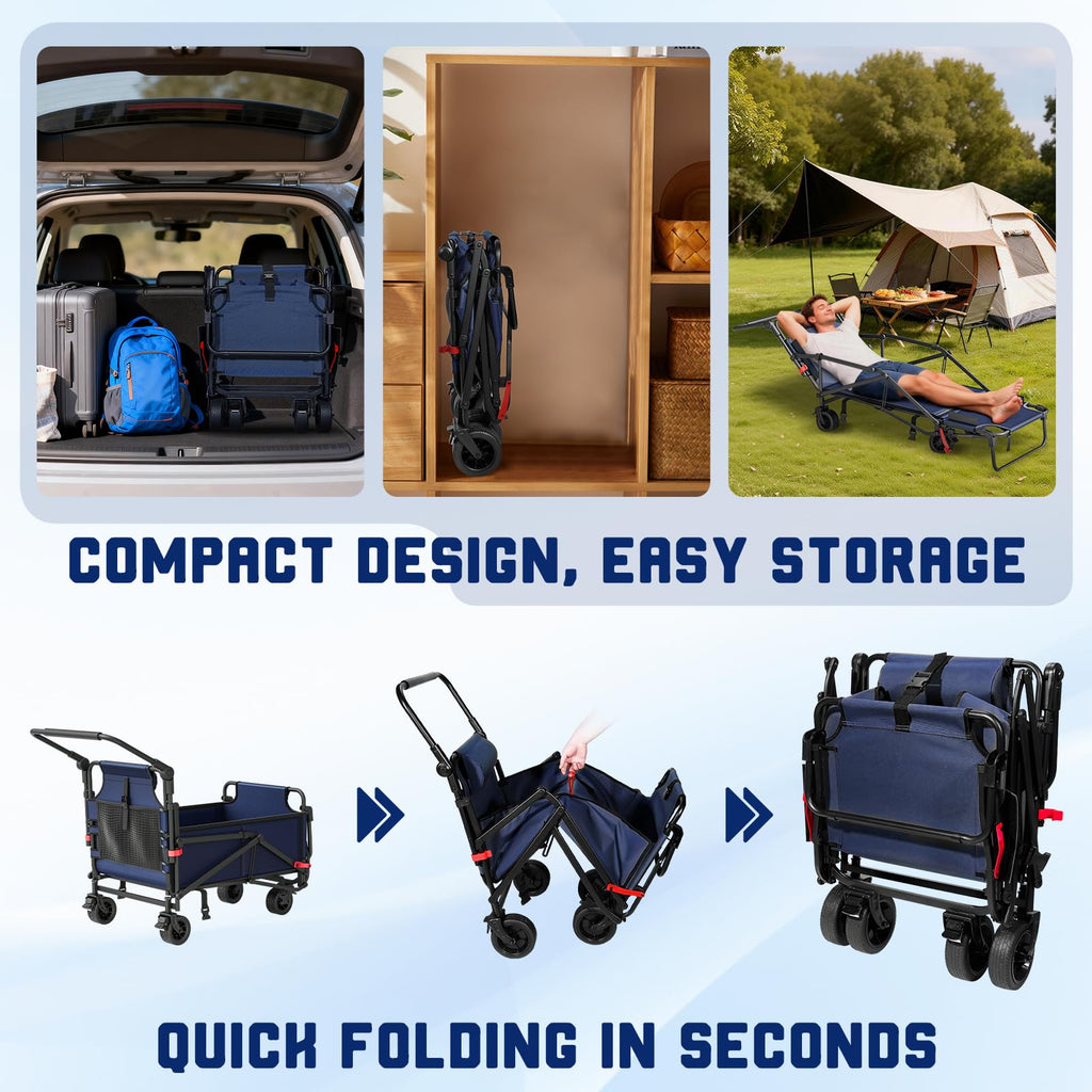 LEVELEVE Heavy Duty Folding Wagon - 2-in-1 Collapsible Cart, All-Terrain Wheels w/Brakes & Side Pockets (Blue,650lb Capacity)