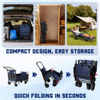 LEVELEVE Heavy Duty Folding Wagon - 2-in-1 Collapsible Cart, All-Terrain Wheels w/Brakes & Side Pockets (Blue,650lb Capacity)