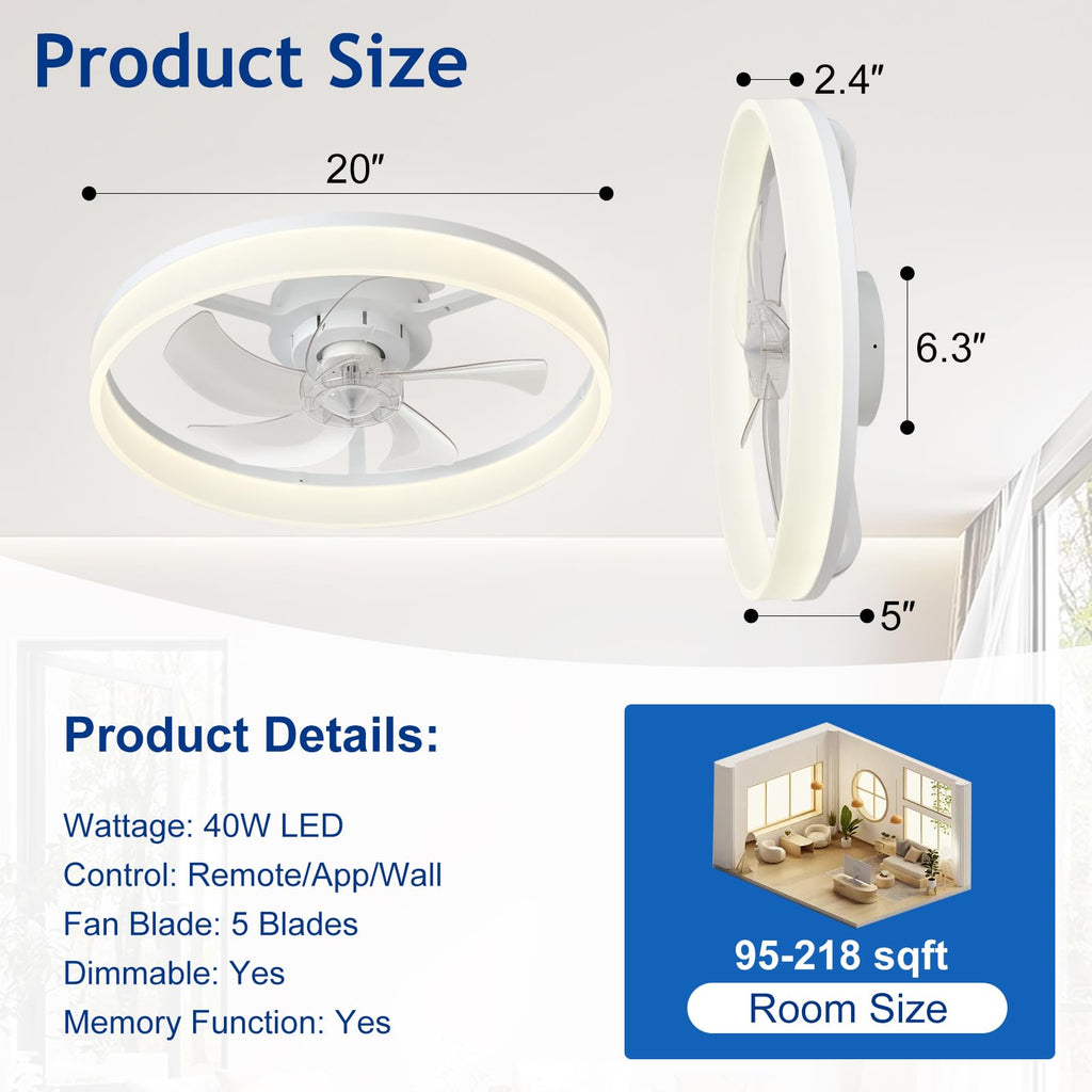 DLLT Modern Ceiling Fans with Lights: 20" Flush Mount Low Profile Ceiling Fan with APP Remote Control - White LED Bladeless Fandelier Dimmable Quiet DC Motor for Bedroom Living Room