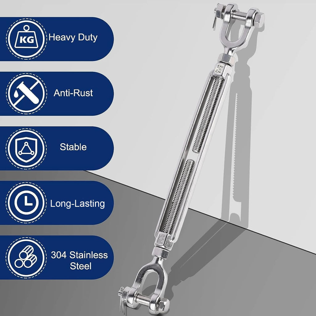 hannger 2 Pack Turnbuckle, 5/16 (M8) 304 Stainless Steel Turnbuckle for Cables Wire, 2100 lbs Working Load Limit, Jaw and Jaw Turnbuckles for Wire Tensioner, Shade Sail, Clothesline, Lights String
