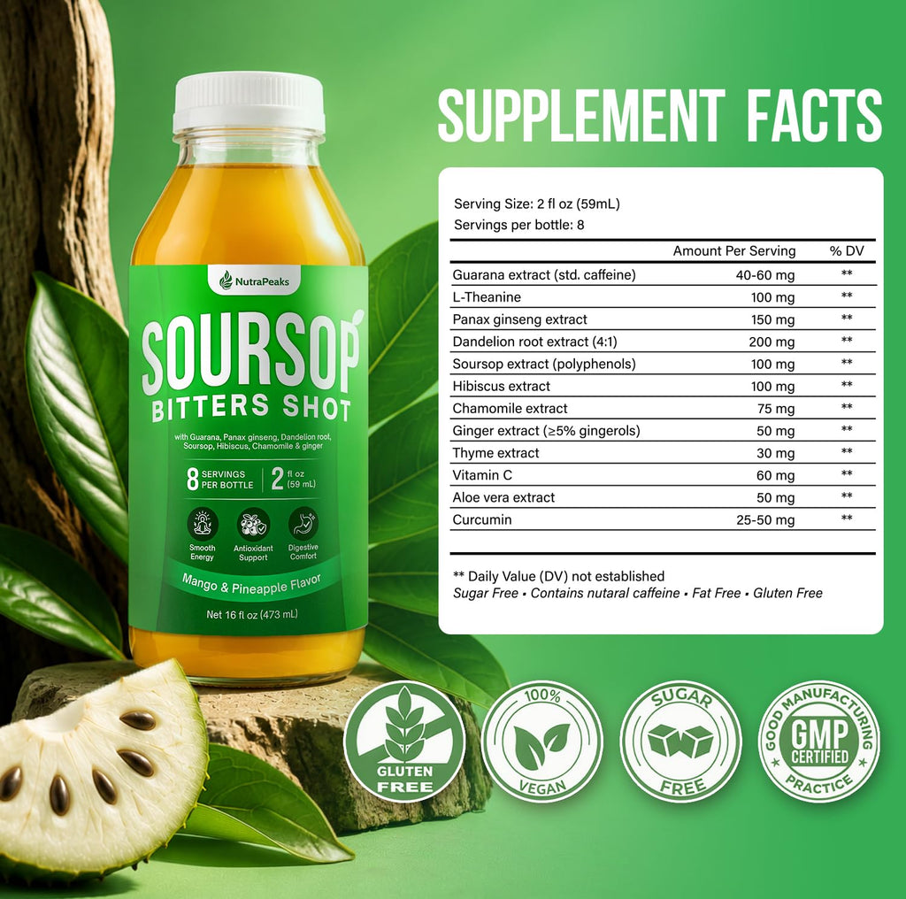 NutraPeaks Soursop Bitters Liquid Immunity + Energy Shots, 16 fl oz, 2 Pack