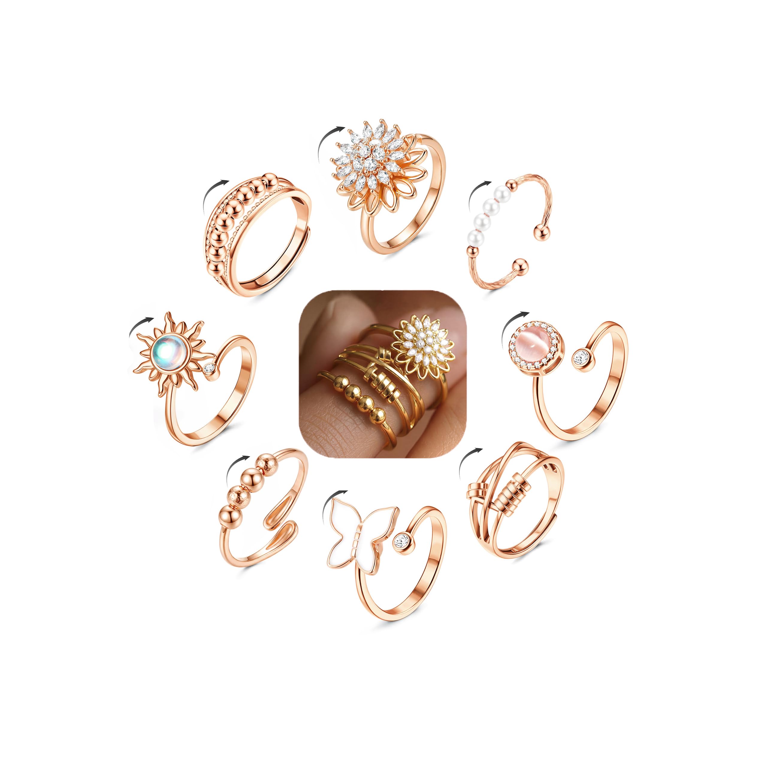 FIBO STEEL Fidget Anxiety Ring for Women Rose Gold Plated Spinner Rings