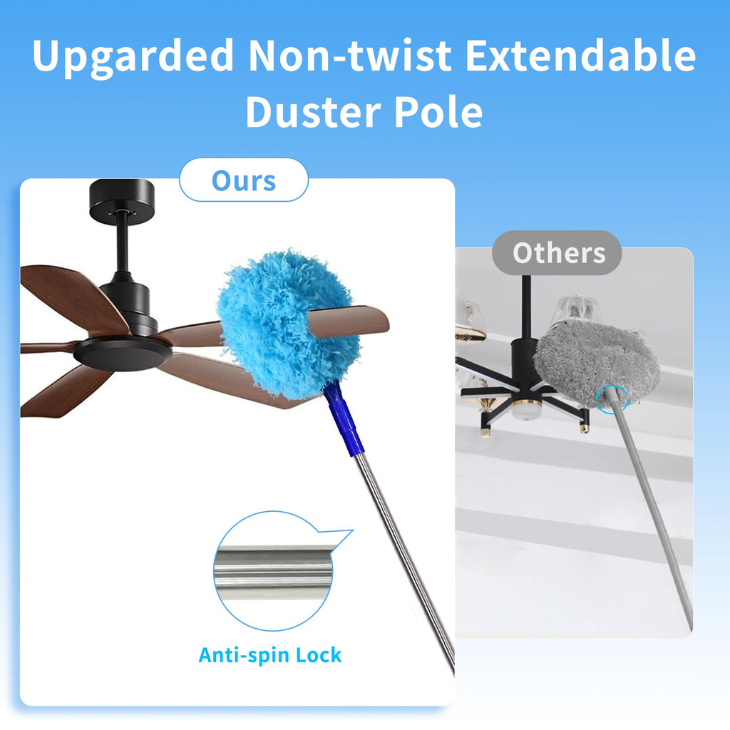 Tiumso Ceiling Fan Cleaner Dusters for Cleaning 6-in-1 Kit, Cobweb Duster with Extension Pole, 100 Inches High Ceiling Fan Blade Cleaners with 5 Reuseable Dusting Heads for Windows and Blinds- Blue