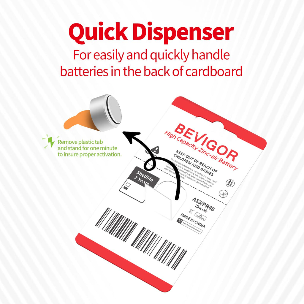 BEVIGOR Hearing Aid Batteries Size 13, Mercury Free (60 Count), Zinc Air Batteries, Easy to Open and Carry, 1.45V, Long Lasting Batteries