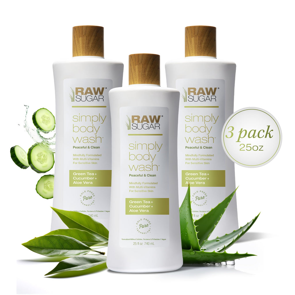 RAW SUGAR Green Tea Aloe Soother Gentle & Hydrating Body Wash, 20 Fl Oz (Pack of 3), Gentle & Soothing Bath & Shower Gel, Sensitive Skin-Friendly, Vegan, Formulated without SLS/SLES & Parabens