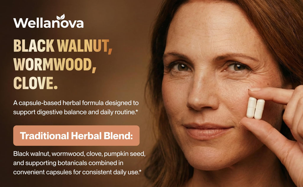 Wellanova Wormwood Black Walnut Clove Cleanse for Humans - Advanced Detox Formula for Adults - Gut Health Supplement with Wormwood Herb, Black Walnut Hull Extract & Clove - 60 Capsules
