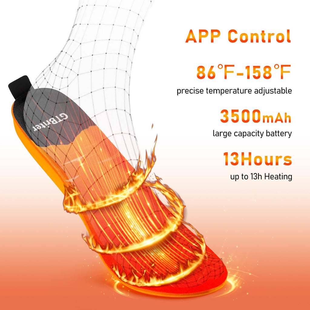 GTBriter Heated Insoles for Men Women APP Control 3500 mAh Rechargeable Heated Shoe Insoles Up to 13 Hours Heating Insoles Foot Warmer for Hunting Outdoor Work Hiking Camping-L