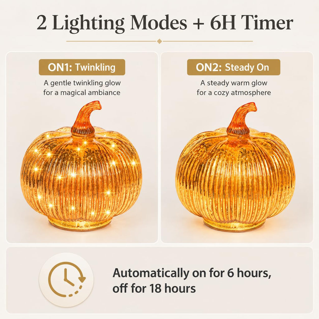 Gold Mercury Glass Pumpkin Light with 2 Lighting Modes and 6-Hour Timer, 5.5 x 6 Inch Battery Operated Fall Decor for Thanksgiving and Christmas Table Centerpiece