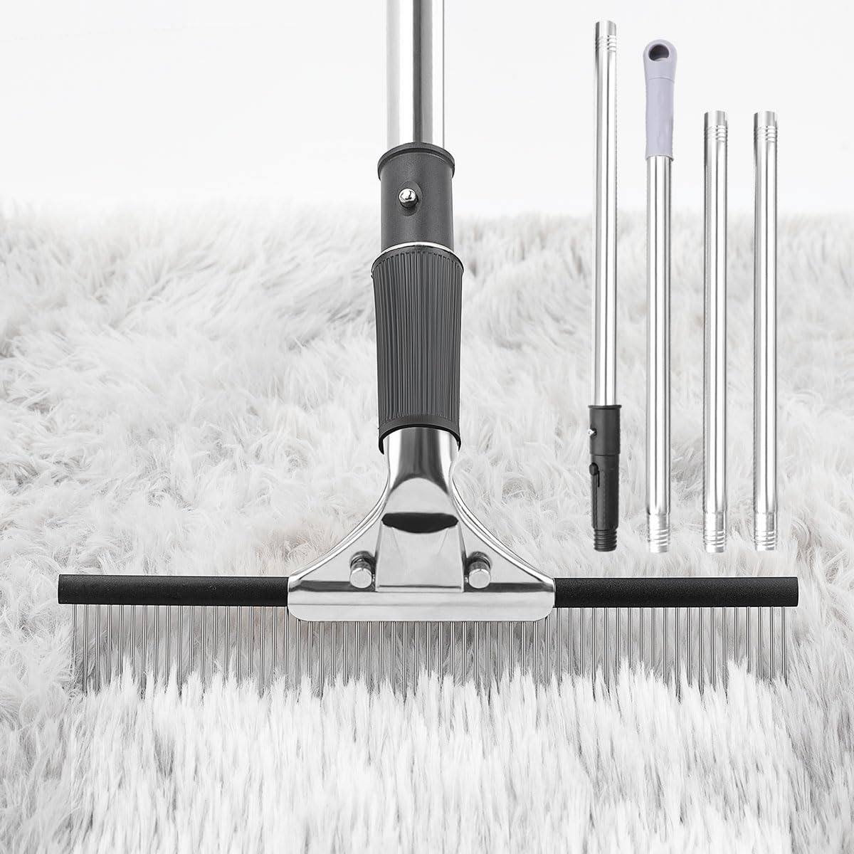 Astfys Big Carpet Rake with Long Handle, Black and Silver