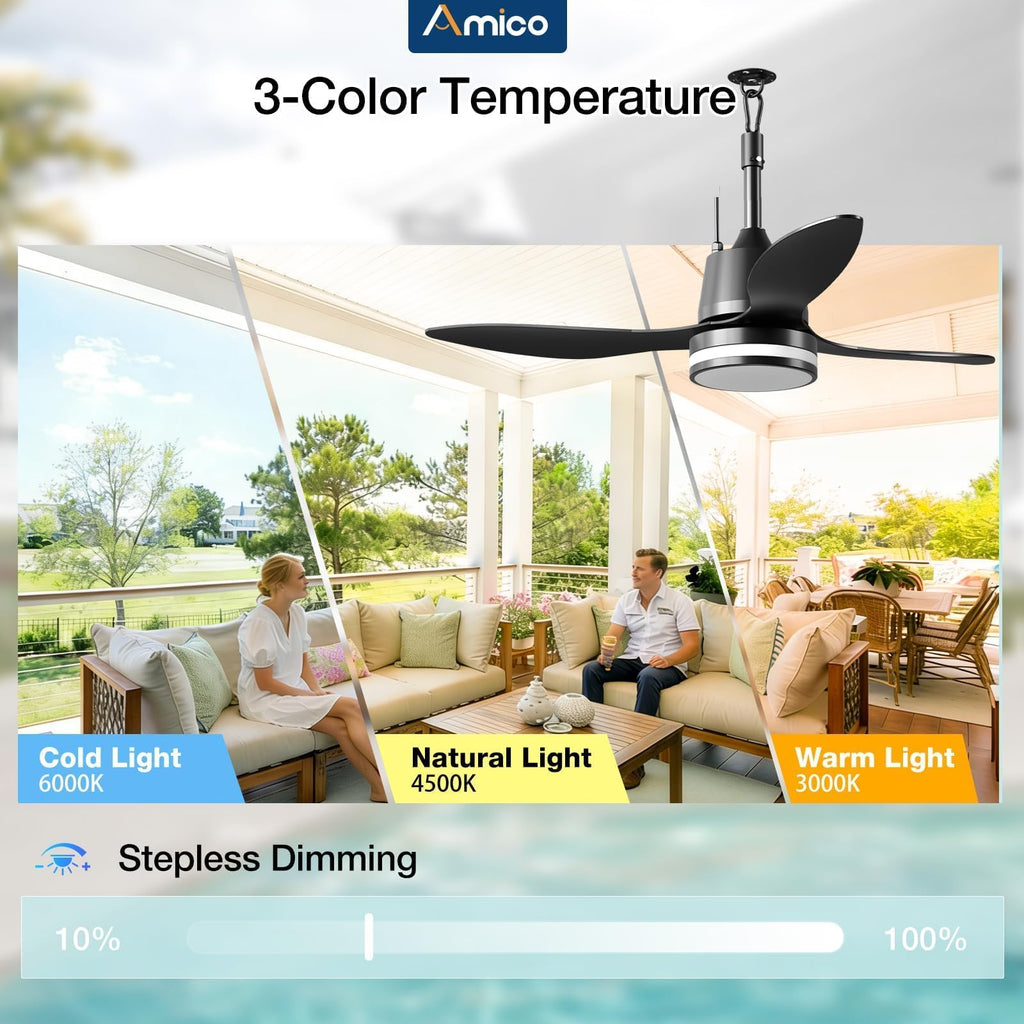 Amico 42 Inch Outdoor Ceiling Fans with Lights for Patios, IP65 Waterproof Gazebo Fan Remote Control, 3000-6000K, 6 Speeds, Hook Hanging Plug in Ceiling Fan for Patio Porch Pergola Garage Canopy