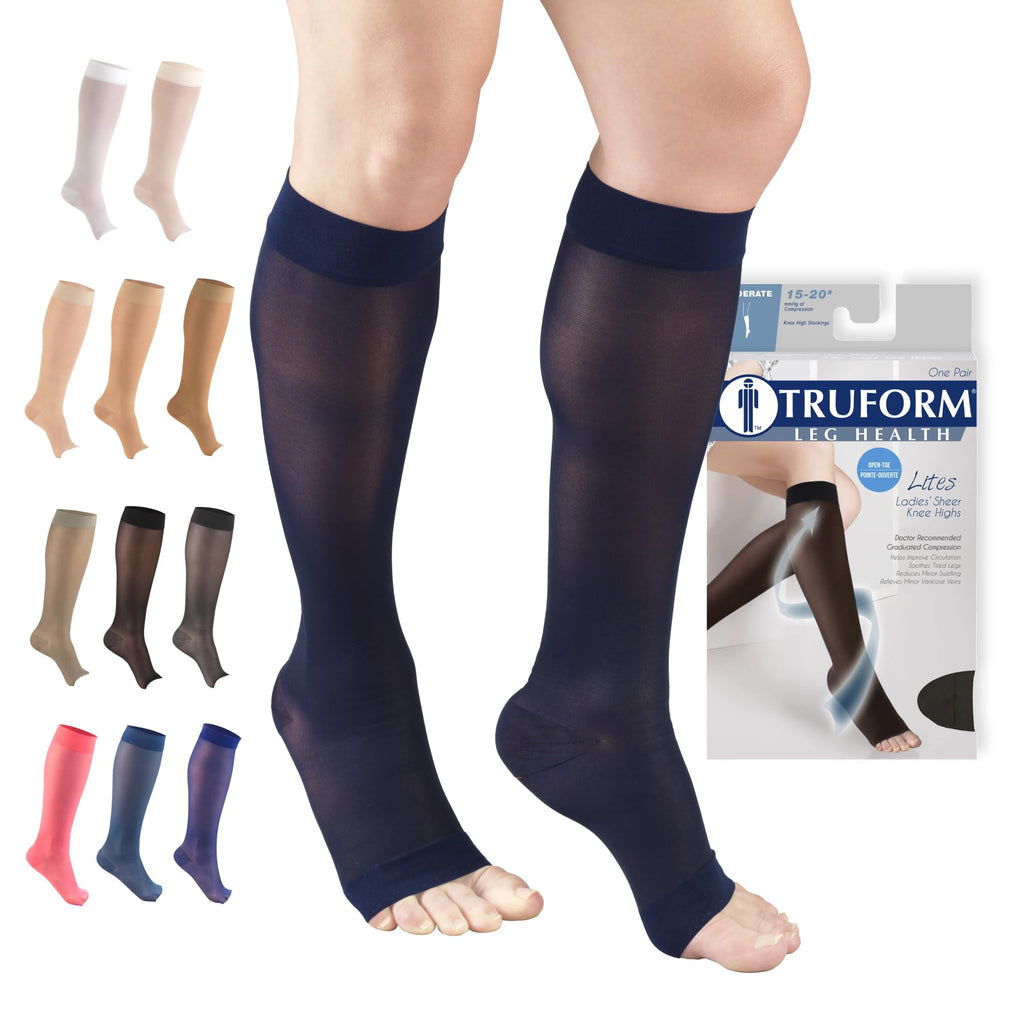 Truform Sheer Compression Stockings, 15-20 mmHg, Women's Knee High Length, Open Toe, 20 Denier, Navy, 2X-Large