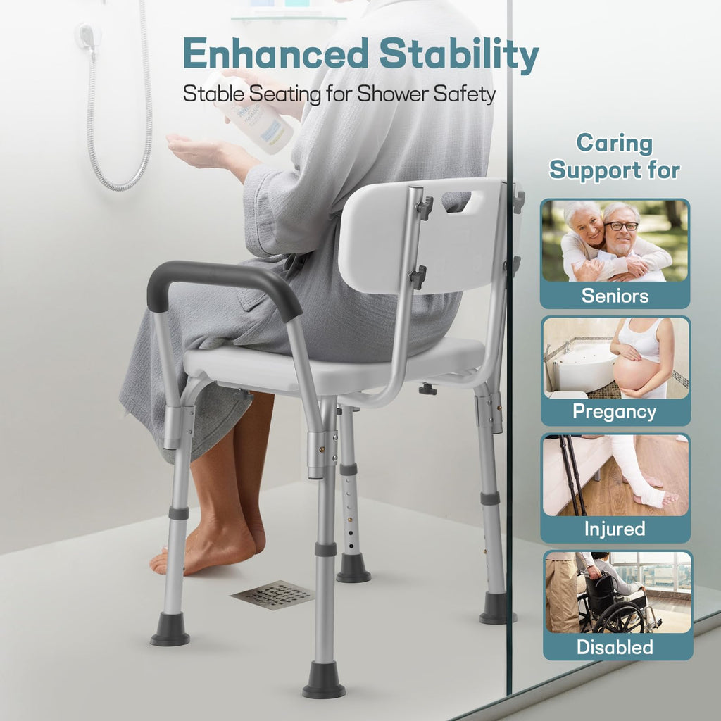 TABEKE Shower Chair for Inside Shower, Heavy Duty Shower Chair with Backrest & Padded Armrest, Height Adjustable Shower Bench, Shower Seat for Bathtub, Elderly and Disabled