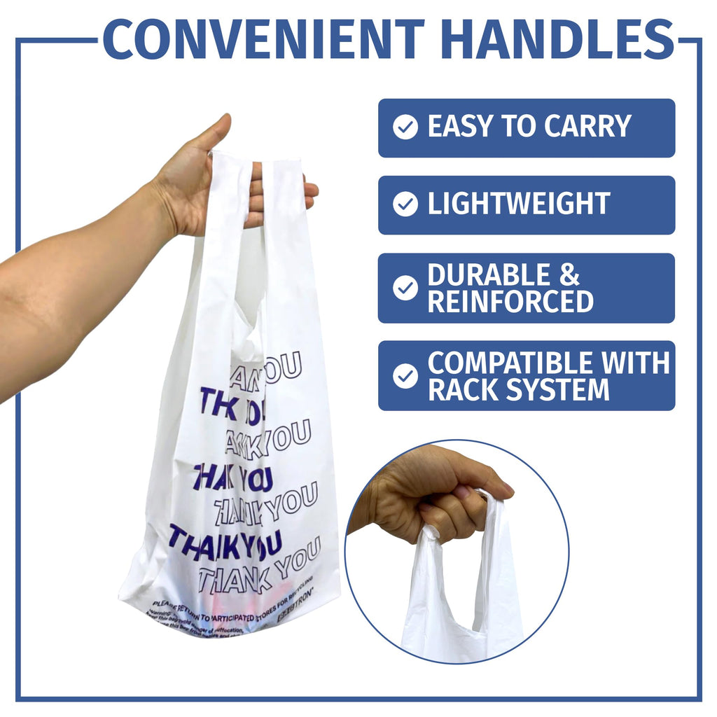 Bagtron Thank You T-Shirt Carry-Out Bags, Disposable Plastic Bags with Handles for Shopping and Restaurant, 1/5 Barrel, 0.75 Mils, White/Blue, 13" x 8" x 23" Large, 500 Count