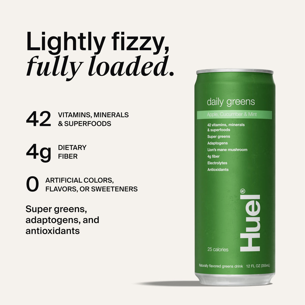 Huel Daily Greens Ready-to-Drink | Apple Cucumber Mint Superfood Greens | 91 Vitamins, Minerals, and Wholefood-Sourced Ingredients | Adaptogens, Antioxidants, Gut-Friendly Probiotics | 12 Fl Oz, 12 Pk
