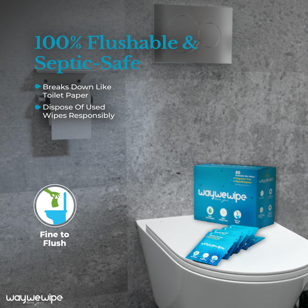 Waywewipe On-The-Go Flushable Wet Wipes, 60 Count XL Individually Wrapped Adult Wipes, Hypoallergenic 100% Plant Based Septic Safe, Travel Size Cleansing Cloth for Men & Women, Fragrance Free (60 Ct)