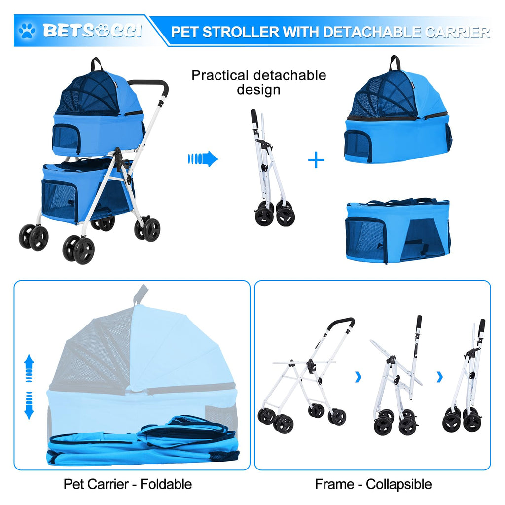 BETSOCCI Double Dog Stroller with 2 Detachable Carrier, Portable Pet Stroller for Small Dogs & Cats Folding Lightweight Puppy Travel Carriage, 4 Wheels, Azure