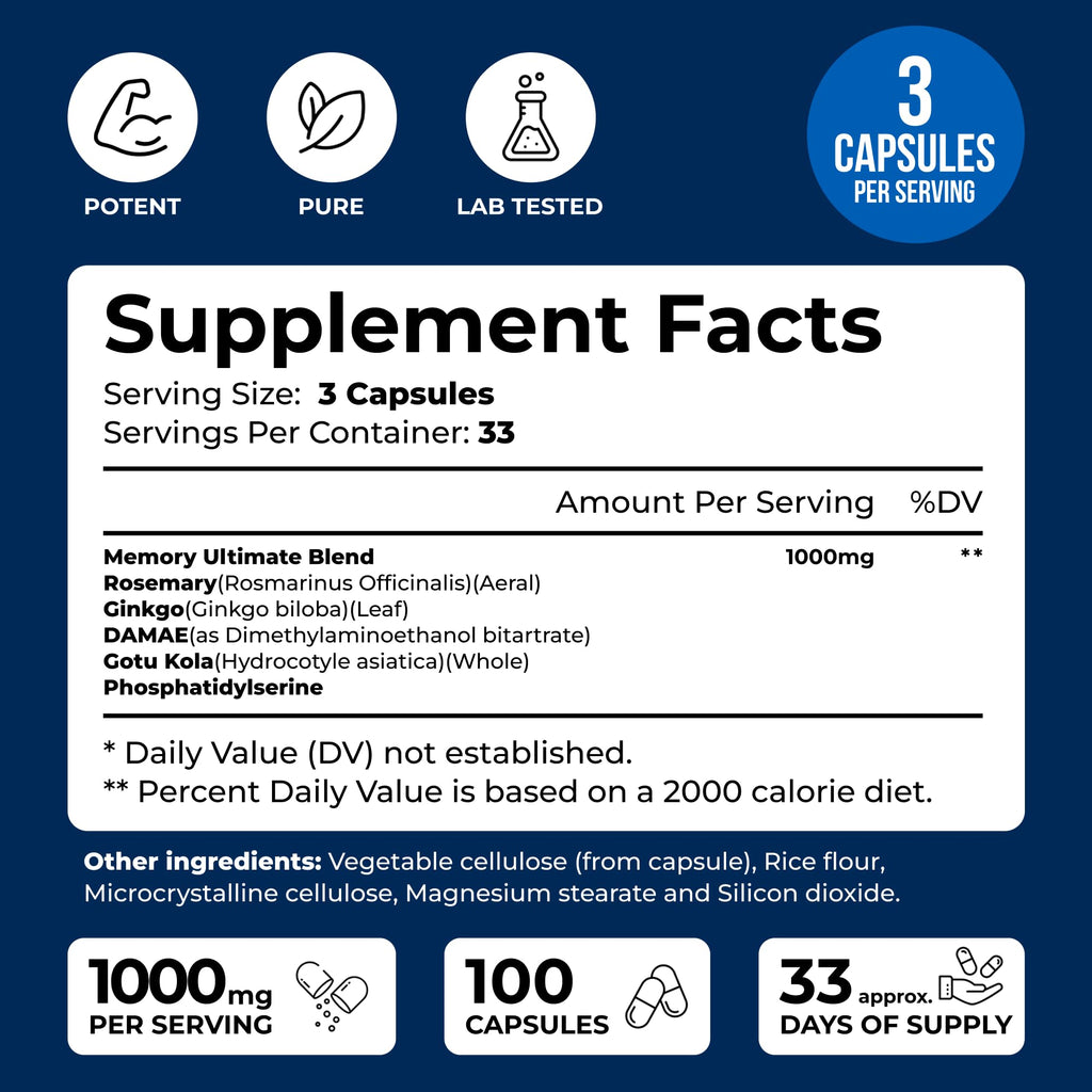 We Like Vitamins Phosphatidylserine Supplement with Gingko Biloba, Gotu Kola, DMAE - Improves Focus, Memory, Cognitive Function - Soy-Free 1000mg Memory Ultimate Complex - 100 Easy-to-Swallow Capsules