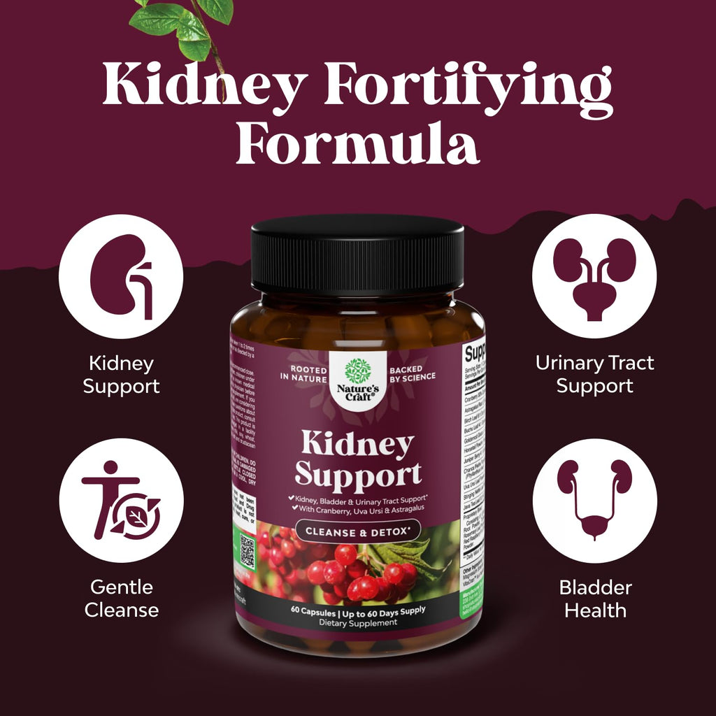 Advanced Kidney Support Supplement - Kidney Cleanse Detox & Repair Cranberry Extract Capsules with Uva Ursi, Stinging Nettle & Astragalus for Kidney health - Urinary Tract Health - 60 Caps