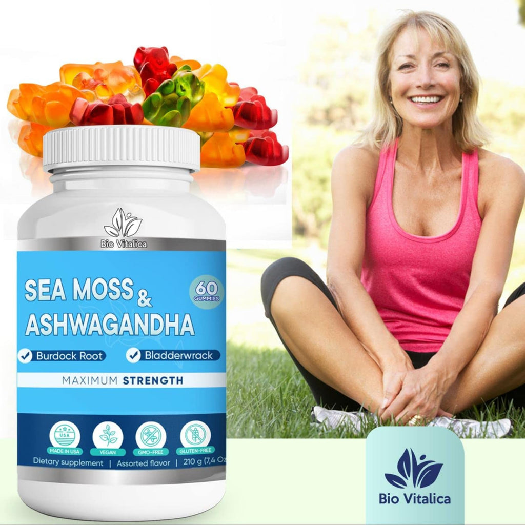 BIO VITALICA Sea Moss Ashwagandha Gummies - Organic Irish Sea Moss Blended with Burdock Root & Bladderwrack - Natural Energy & Calm Support for Adults - 5 Packs
