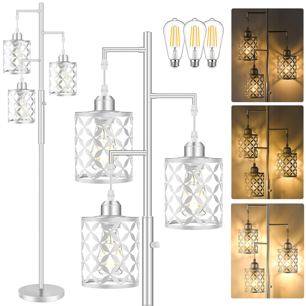GHOOCEMLUX Dimmable Floor Lamp, Farmhouse Standing Lamp with Elegant Metal Cages, Industrial Tall Tree Floor Lamps for Living Room, Bedroom, Study Room, Office, 2000LM LED Bulbs Included -68", Silver