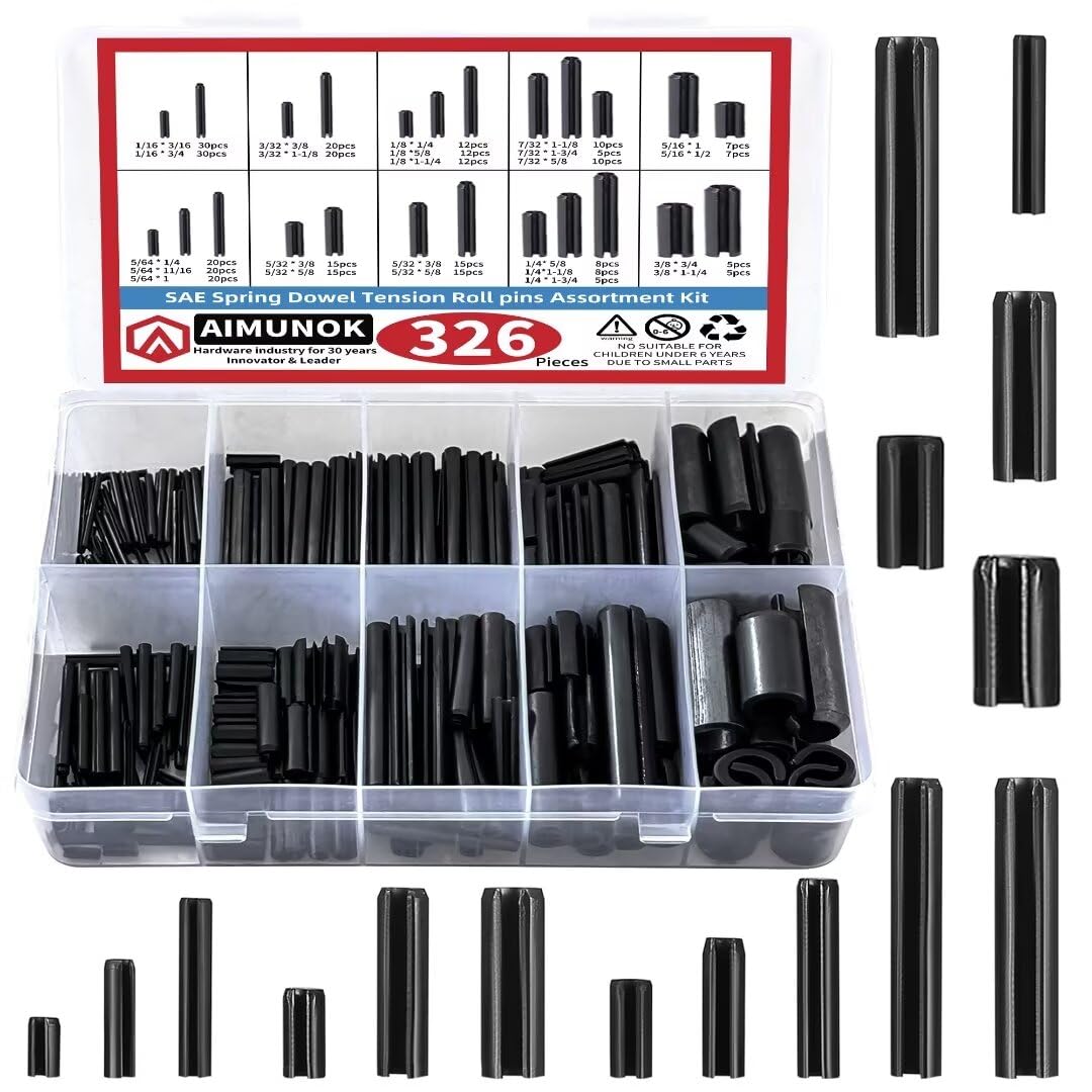 AIMUNOK 326PCS Roll Pin Set - 24 Sizes Spring Dowel Tension Roll Pins - 1/8 1/4 3/8 1/16 5/64 3/32 5/16 5/32 7/32 Split Expansion Pin Assortment Kit for Home Improvement