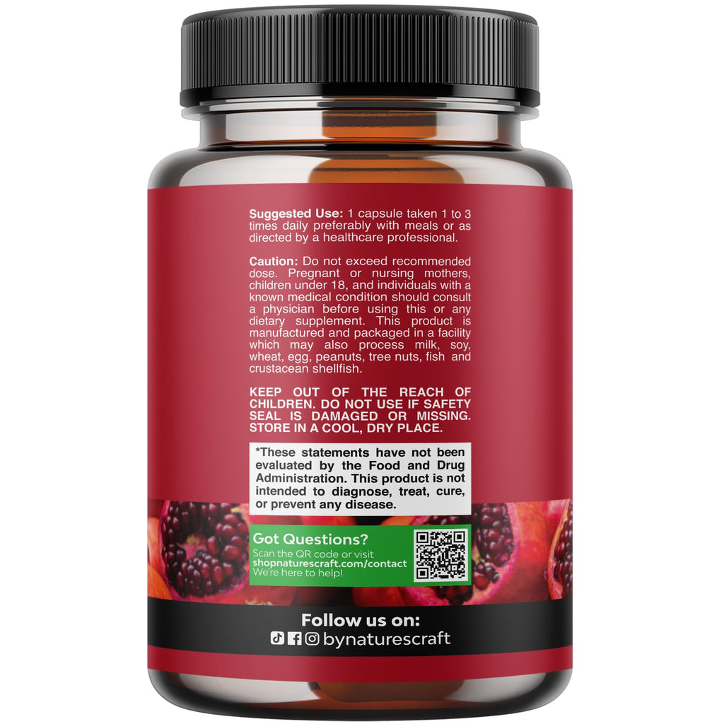 Pomegranate Extract Capsules Antioxidant Supplement - Natural Pomegranate Capsules for Heart Health Joint Support and Pre Workout for Men and Women - Nitric Oxide Supplement with Brain Health Vitamins