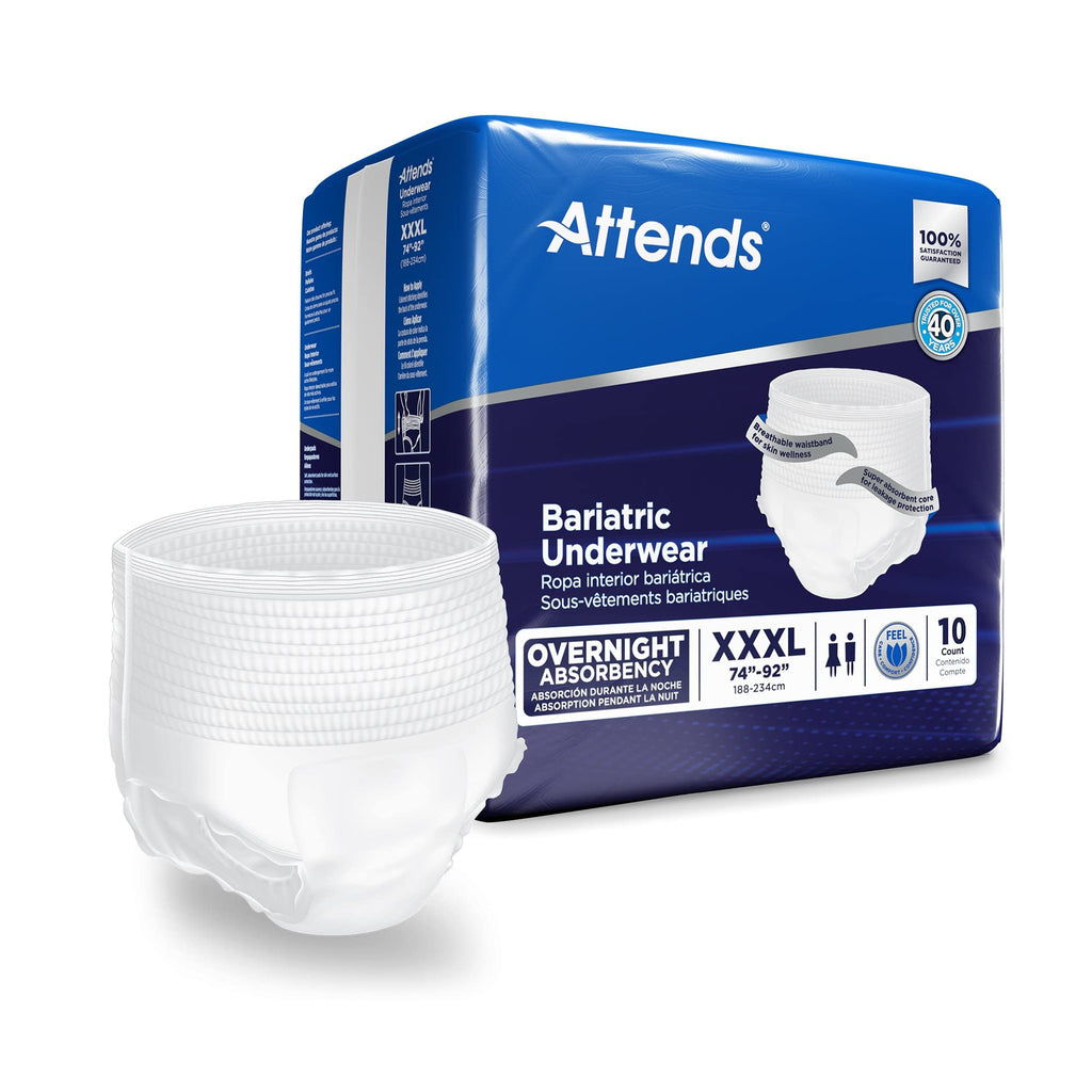 Attends Bariatric Adult Incontinence Underwear, 3X-Large (74-92"), [10 Count] - Overnight Absorbency for Men and Women, Disposable Pull-On Diapers with Tear-Away Sides, AU60