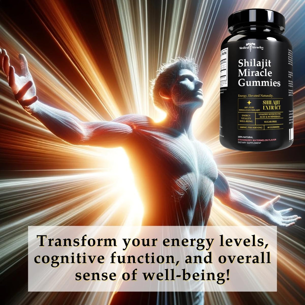 Medical Miracles Shilajit Sugar Free Energy Gummies 1000mg, Himalayan Mineral Complex with Fulvic Compounds, Vegan Chewable Supplement in Raspberry Watermelon Blend, 60 Count