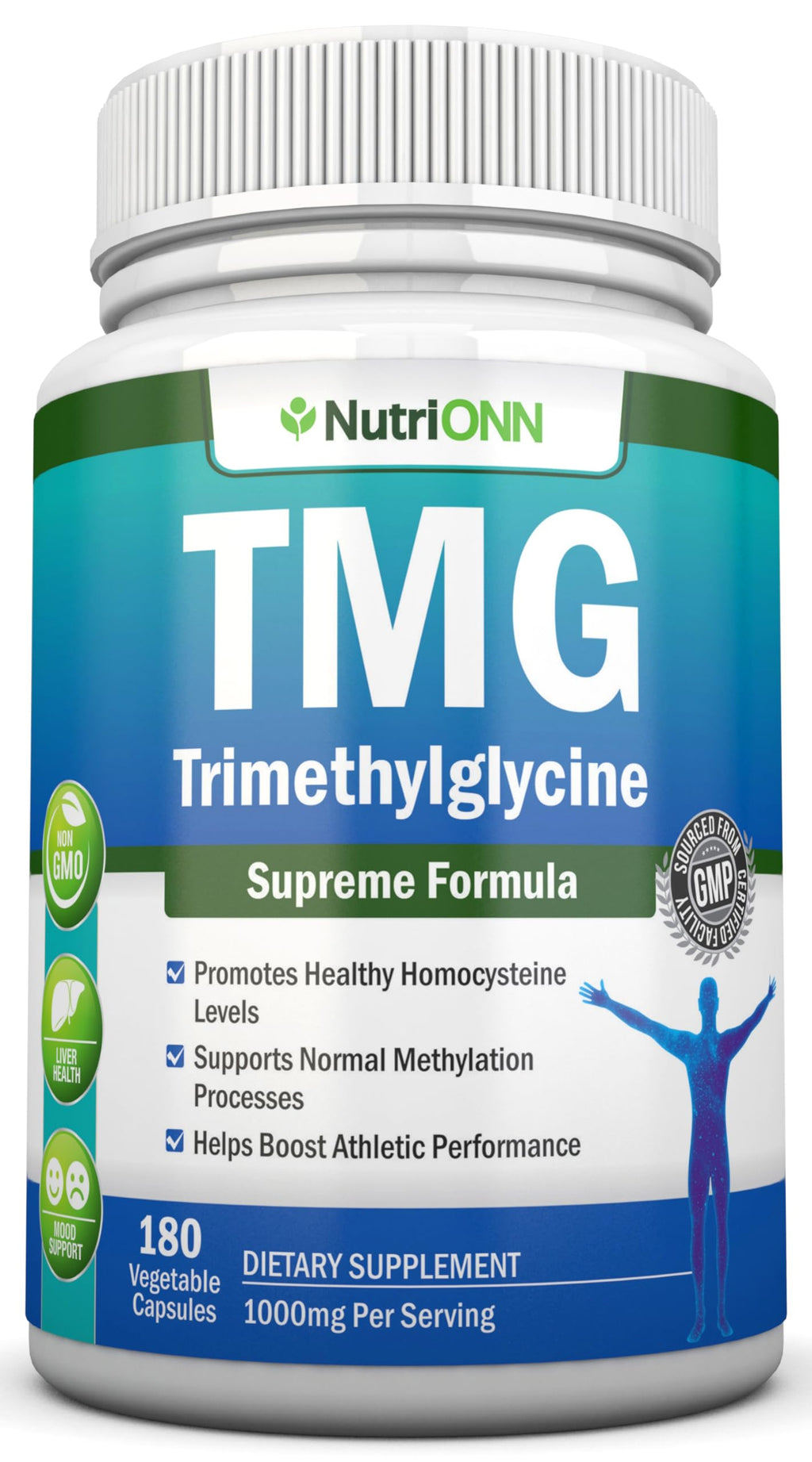 TMG Trimethylglycine Supplement - 1000mg - 180 Capsules - Premium Pure Betaine Anhydrous - Supports Normal Homocysteine & Blood Pressure Levels - Promotes Methylation Processes - Non-GMO Formula