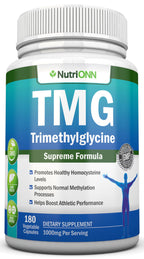 TMG Trimethylglycine Supplement - 1000mg - 180 Capsules - Premium Pure Betaine Anhydrous - Supports Normal Homocysteine & Blood Pressure Levels - Promotes Methylation Processes - Non-GMO Formula