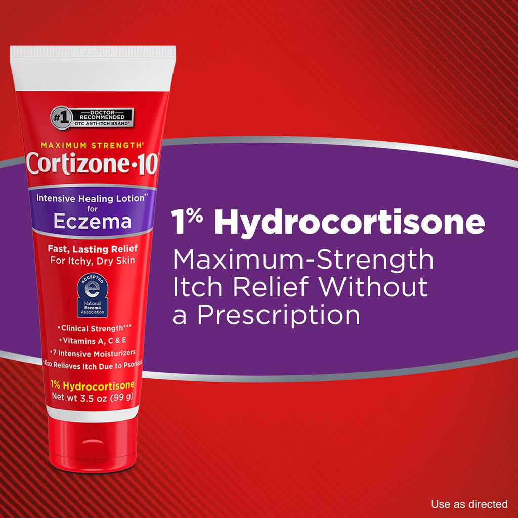Cortizone-10 Maximum Strength Intensive Healing Itch Relief Lotion for Eczema, 1% Hydrocortisone, Fast-Acting, Anti-Itch Cream for Minor Skin Irritations, Rashes and Inflammation Due to Eczema, 3.5 oz