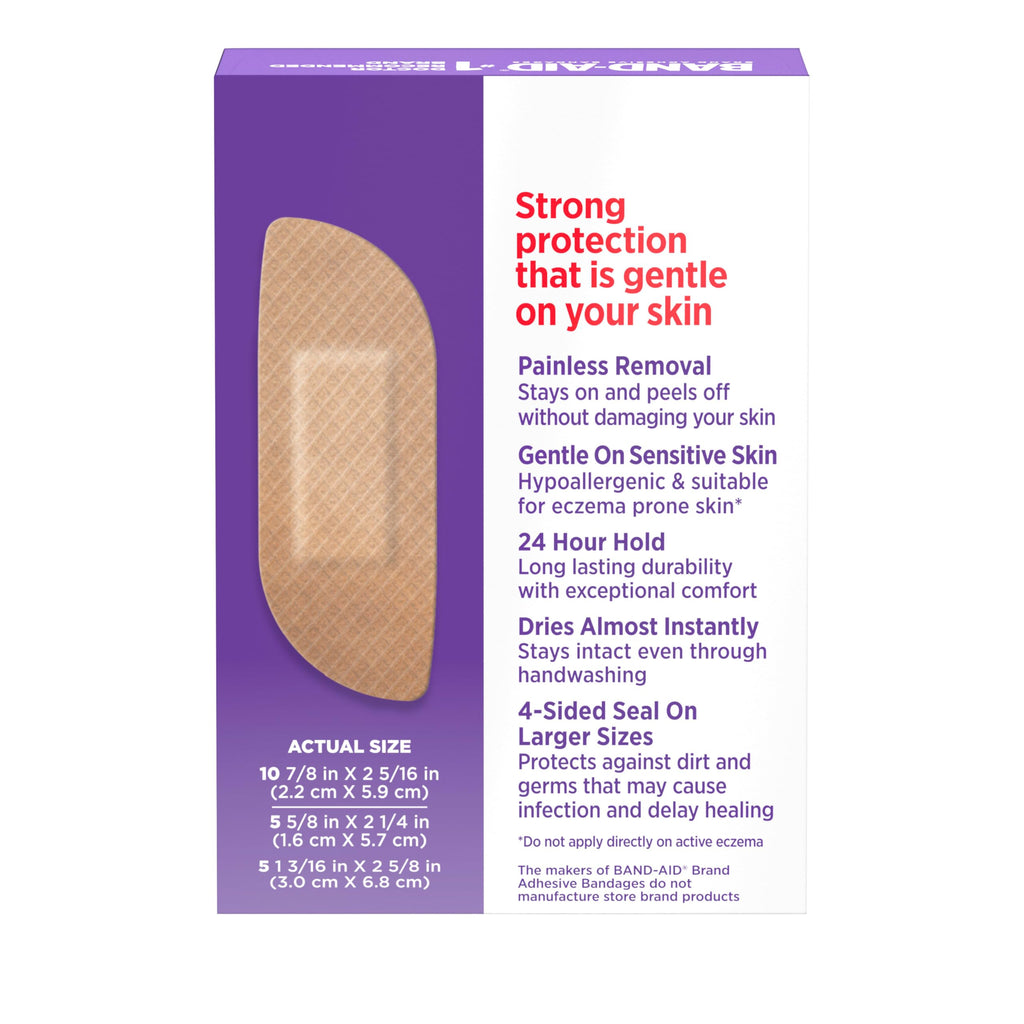 BAND-AID Brand Adhesive Bandages for Sensitive Skin, Hypoallergenic First Aid Bandages with Painless Removal, Stays on When Wet & Suitable for Eczema Prone Skin, Sterile, Assorted, 20 ct